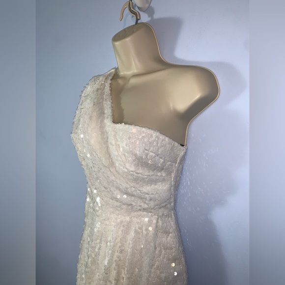 Marciano by guess One-Shoulder White Sequin wrap Dress xs bridal party formal - Picture 3 of 7